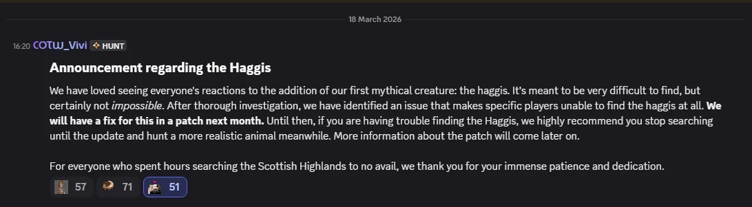 Official studio announcement confirming the haggis spawn bug and a committed fix